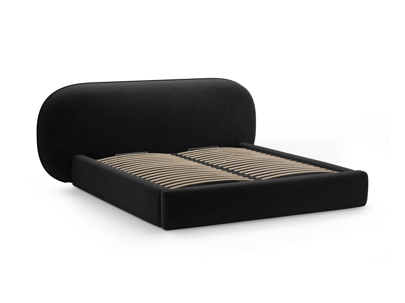 Modernes Ovalo Bett mit 140 cm hohem Kopfteil und integriertem Stauraum in edlem Black-Magic Velvet, perfekt für funktionale Schlafzimmer.