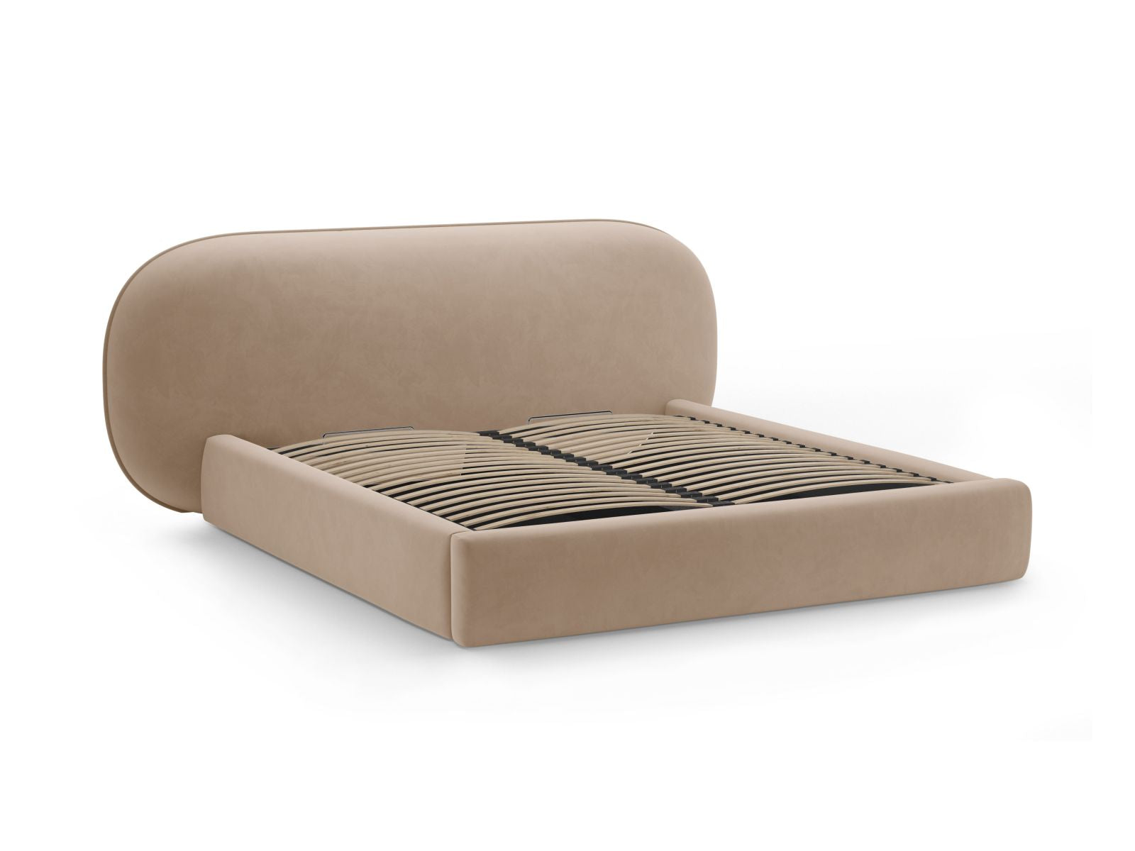 Modernes Ovalo Bett mit 140 cm hohem Kopfteil und integriertem Stauraum in edlem Almond Beige-Magic Velvet, perfekt für jedes Schlafzimmer.