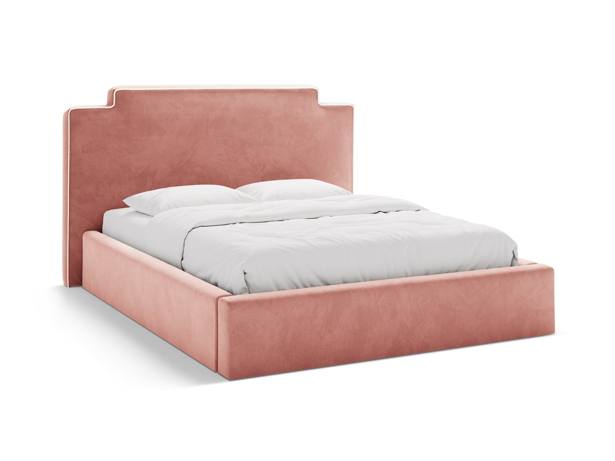 Samtbett Princess von Micadoni in Elfenbein mit gepolstertem Kopfteil, Bettkasten und Beinen aus Polypropylen, Frontansicht des Möbelstücks.