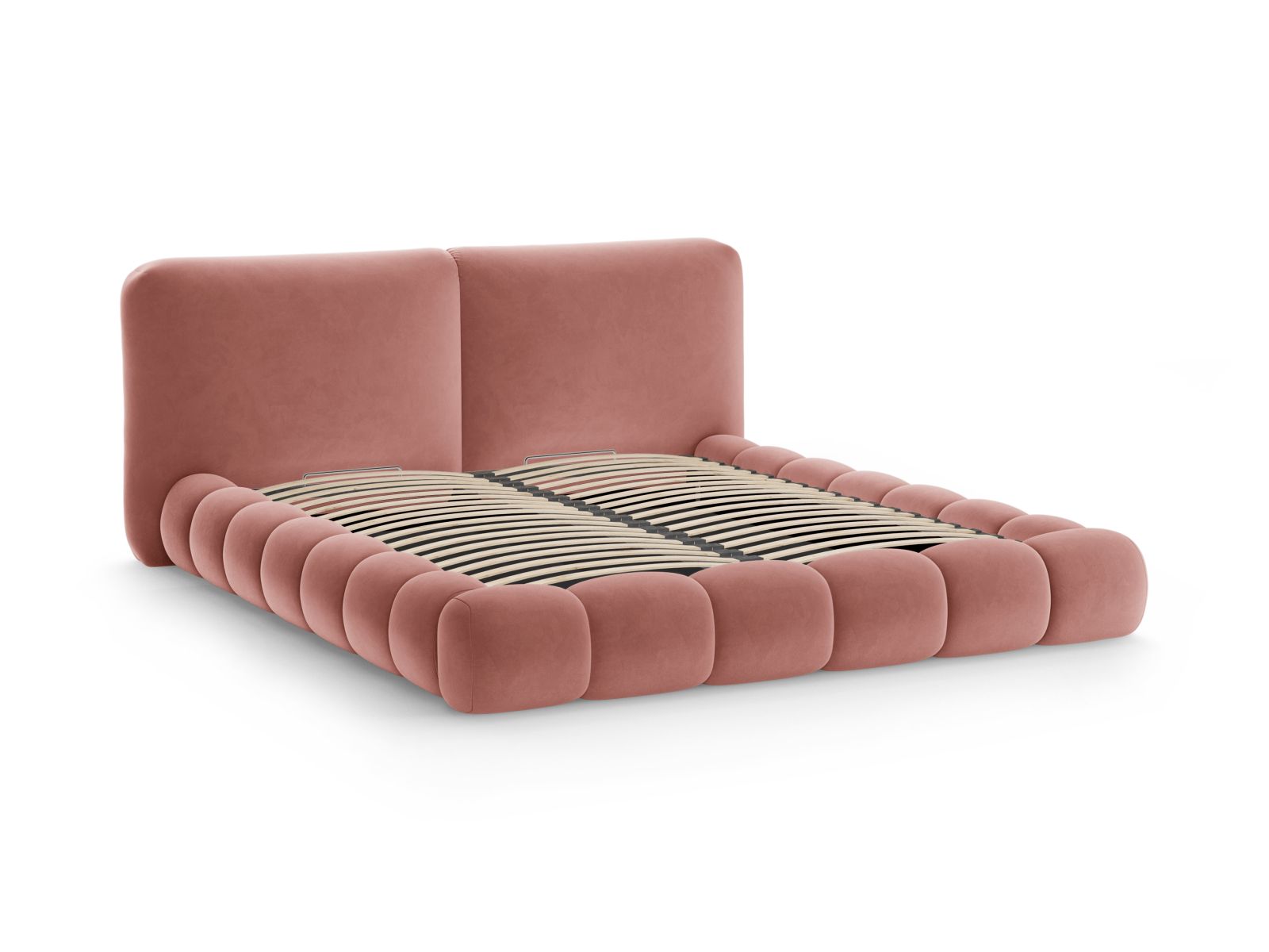 Elegantes Solange Bett in sanftem Pink-Magic Velvet, ideal für stilvolle Schlafzimmer, bietet praktischen Stauraum und ein geschmackvolles Kopfteil.