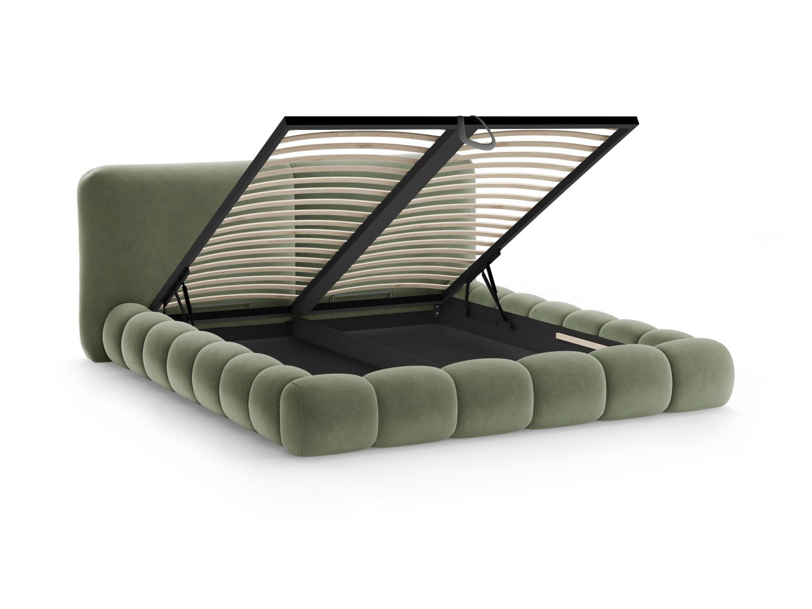 Stilvolles Solange Bett in grünem Samt mit 140 cm hohem Kopfteil und integriertem Stauraum für eine praktische und elegante Schlafzimmereinrichtung.