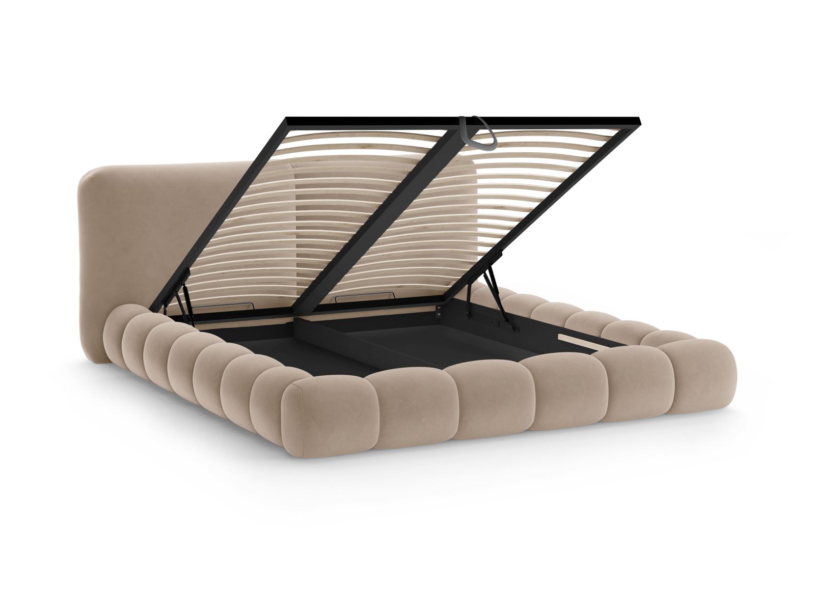 Stylisches Solange Bett mit 140 cm Kopfteil und integriertem Stauraum in edlem Almond Beige-Magic Velvet, perfekt für zeitgemäße Wohnräume.