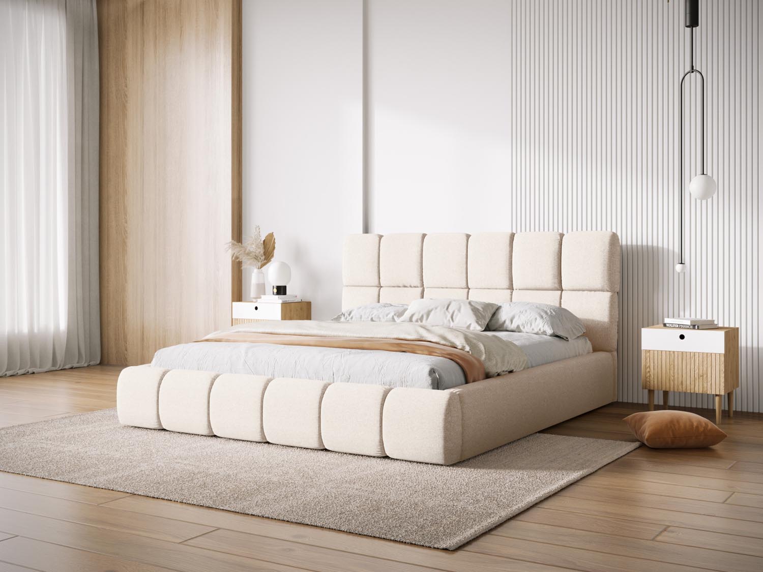 Elegantes Bellis Bett mit praktischem Stauraum und stilvollem Headboard in Light Beige, ideal für moderne Schlafzimmer.
