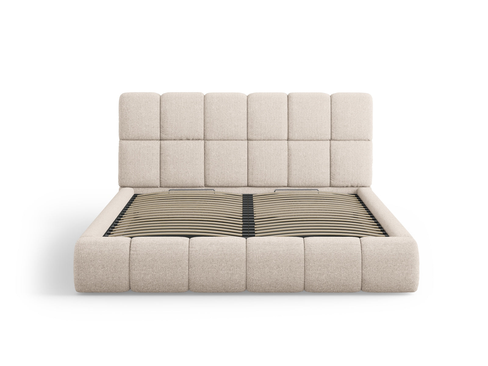Modernes Bellis Bett in 140 cm Breite, bietet cleveren Stauraum und ein elegantes Kopfteil in zartem Beige für stilvolle Schlafzimmer.