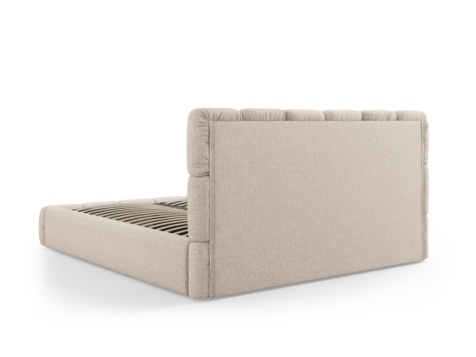 Elegantes Bellis Bett mit 140 cm Breite, ausgestattet mit praktischem Stauraum und einem geschmackvollen Kopfteil in sanftem Beige.