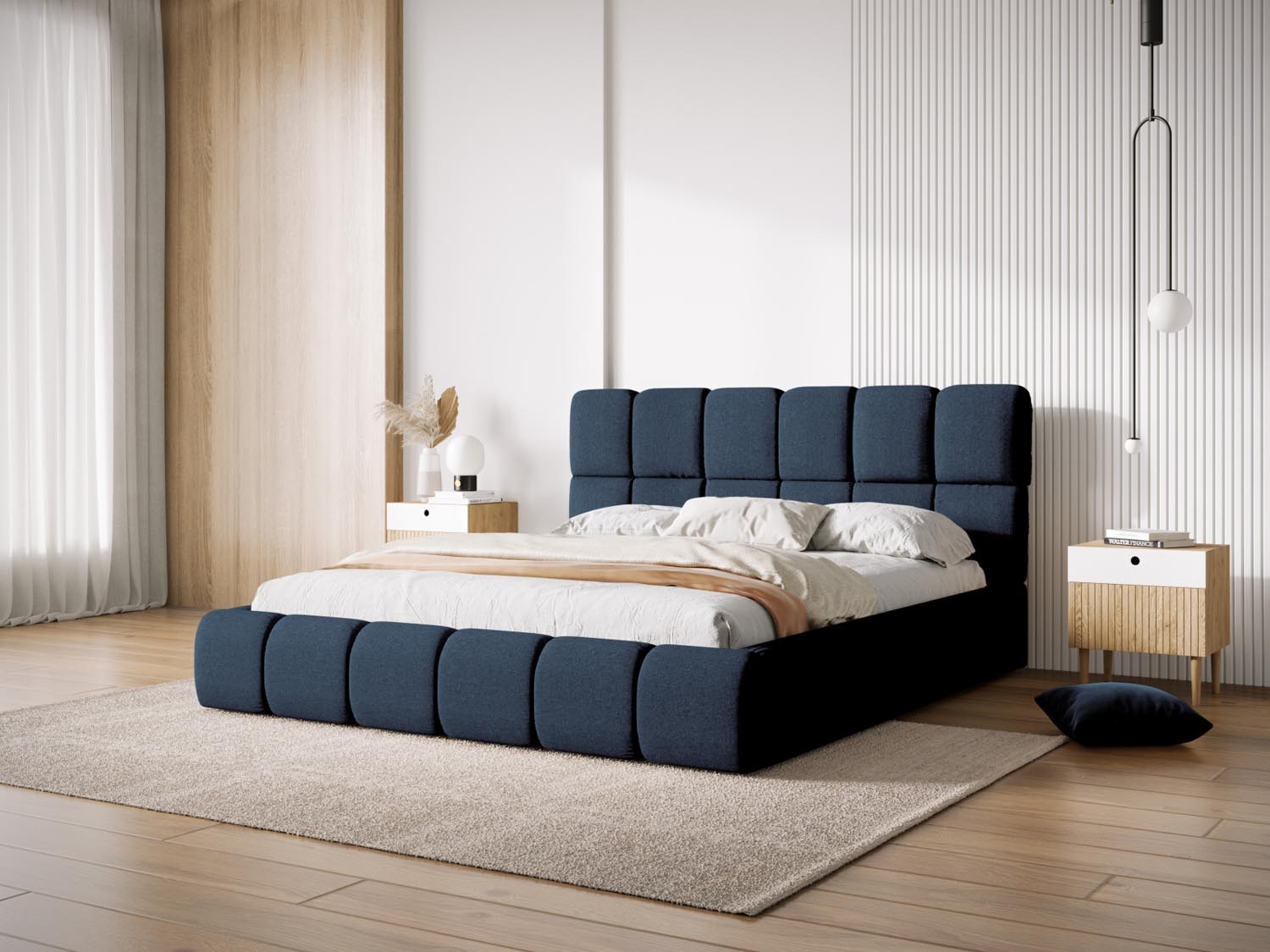Elegantes Bellis Bett in Royal Blue mit praktischem Stauraum und stilvollem Headboard, ideal für moderne Schlafzimmer.