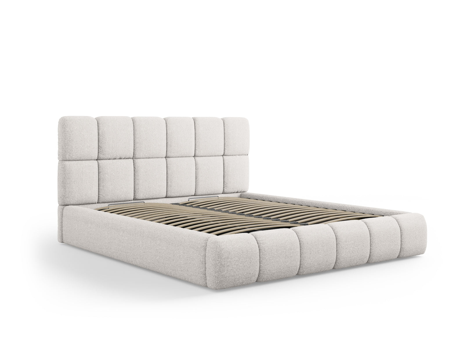 Modernes Bellis Bett mit 140 cm Breite, ausgestattet mit Stauraum und einem stilvollen Kopfteil in hellem Grau, perfekt für jedes Schlafzimmer.