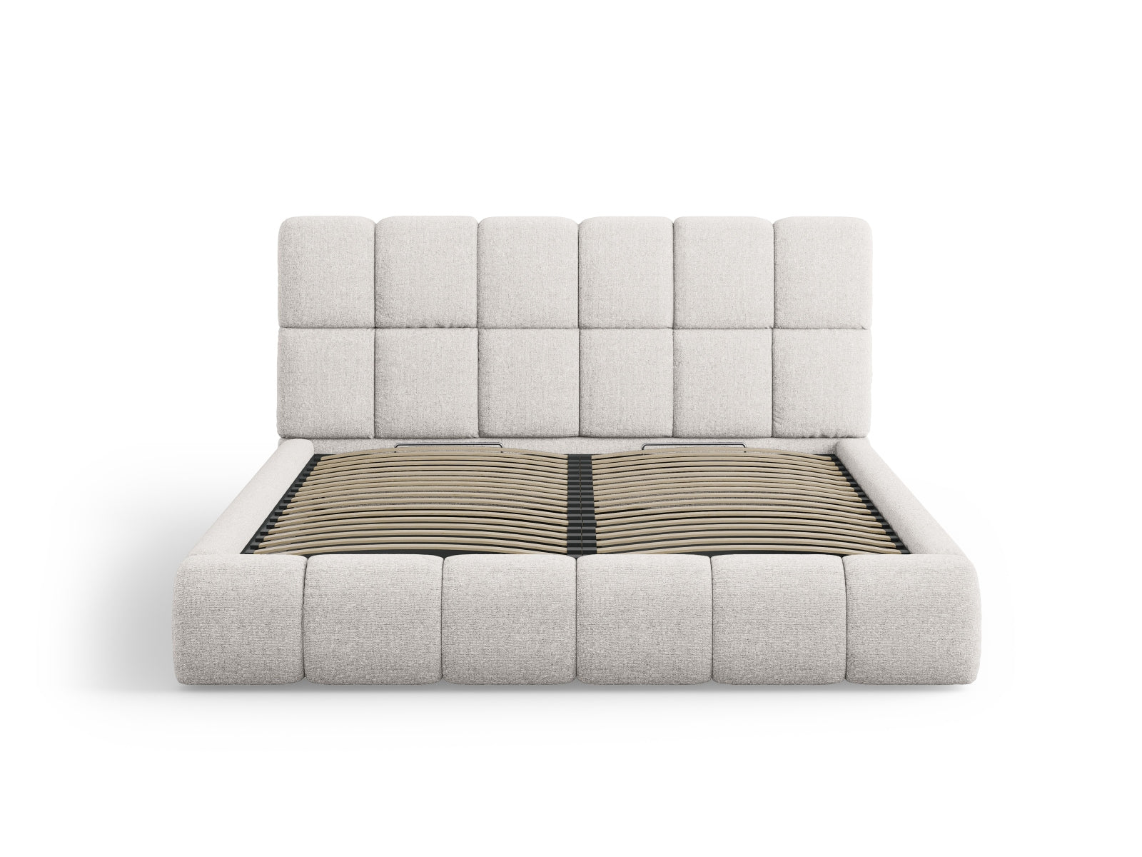 Elegantes Bellis Bett in 140 cm Breite, bietet praktischen Stauraum und ein geschmackvolles Kopfteil in sanftem Grau, ideal für stilvolle Schlafzimmer.