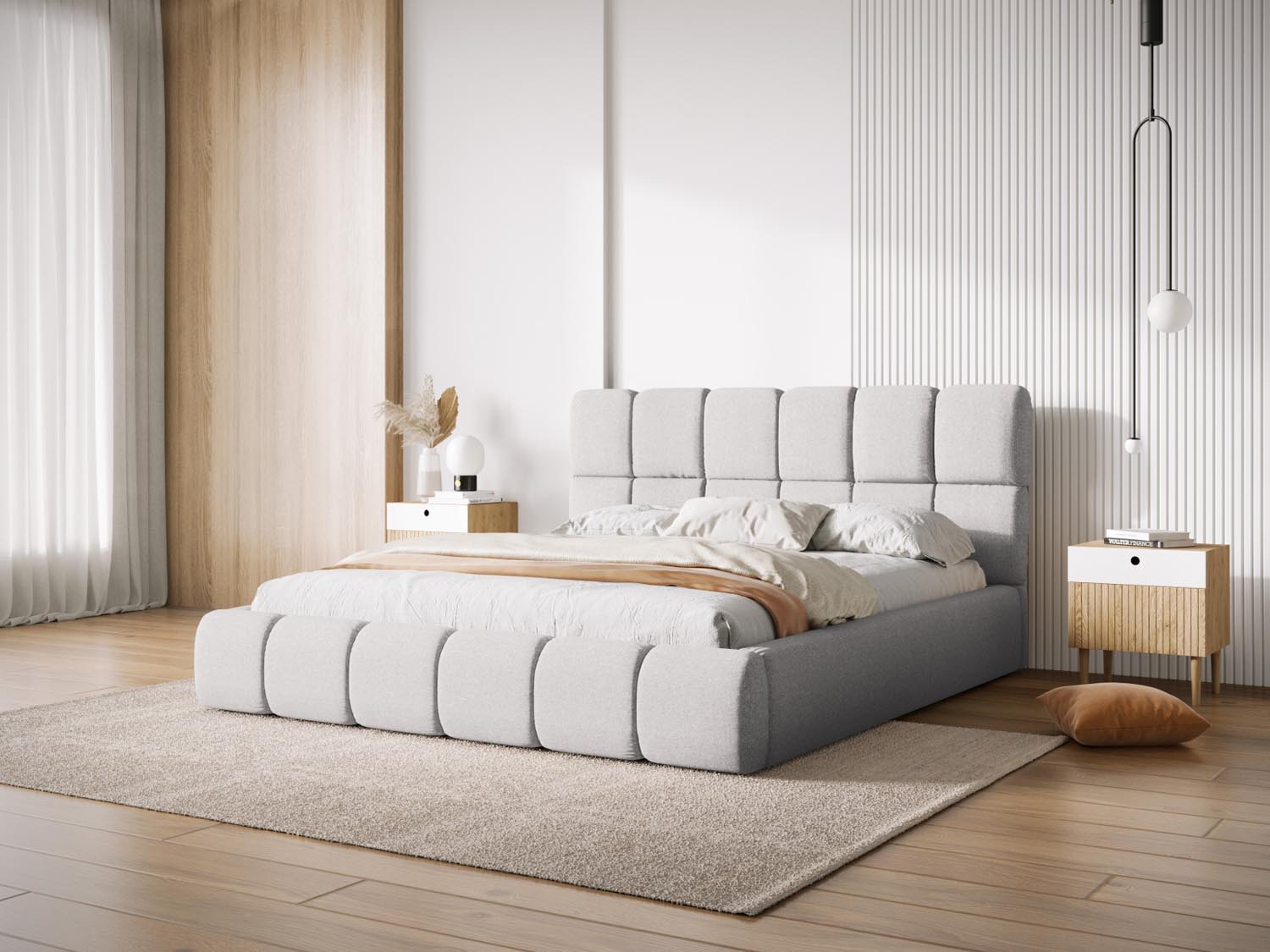 Stylisches Bellis Bett mit praktischem Stauraum und elegantem Headboard in Light Grey-Haga, ideal für moderne Schlafzimmer.