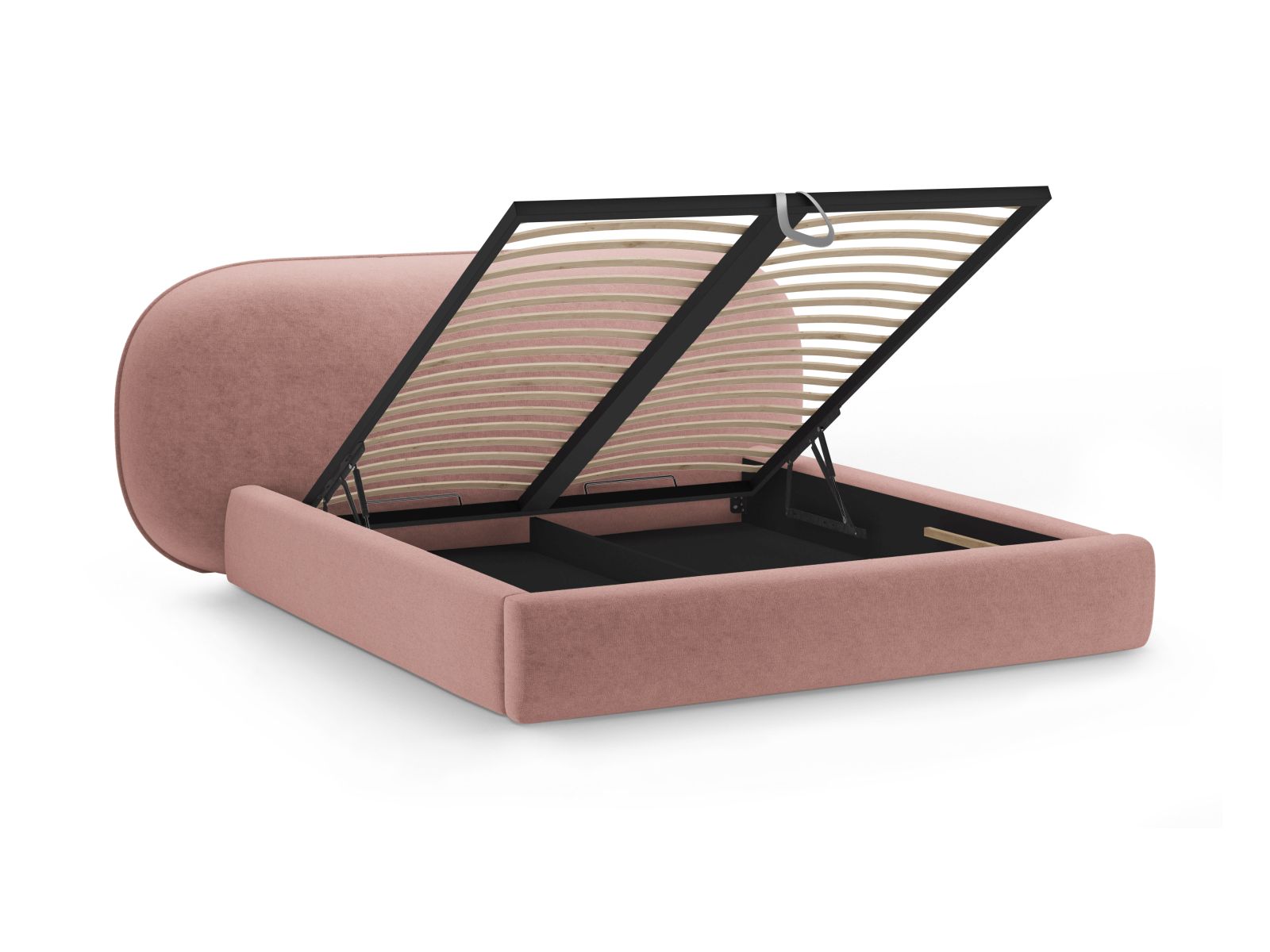 Elegantes Ovalo Bett mit praktischem Stauraum und stilvollem Kopfteil, ideal für kompakte Schlafzimmer mit 140 cm Breite.