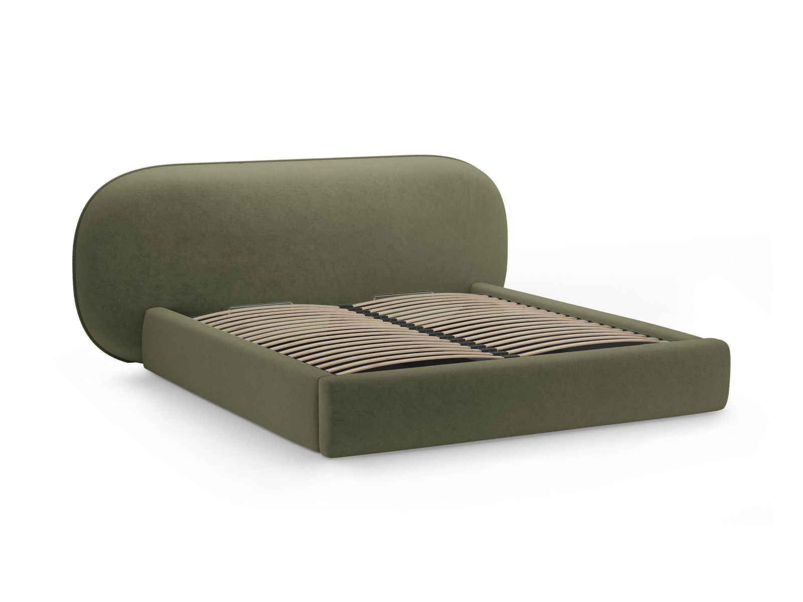 Modernes Ovalo Bett in Grün mit 140 cm Breite, praktischen Stauraum und geschmackvollem Kopfteil, perfekt für stilvolle Schlafzimmer.