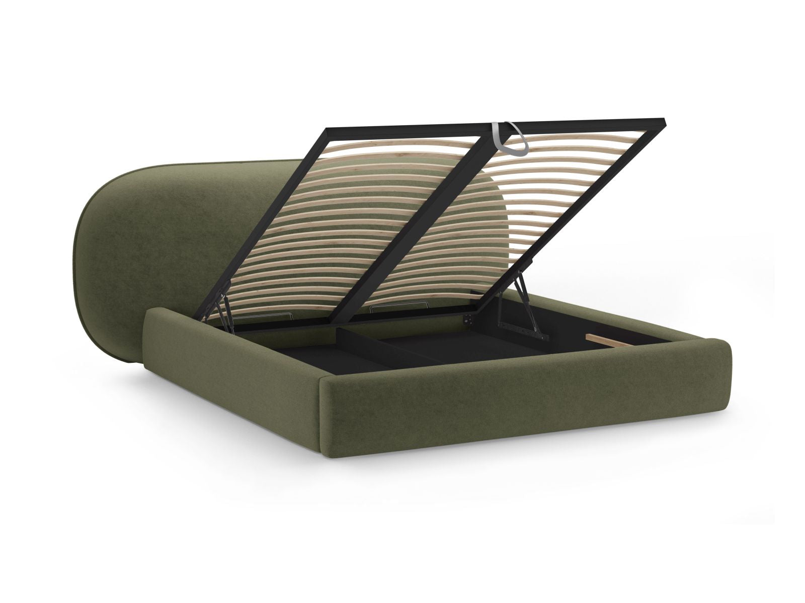 Elegantes Ovalo Bett in sanftem Grün, 140 cm breit, ausgestattet mit praktischem Stauraum und einem stilvollen Kopfteil für ein modernes Schlafzimmer.