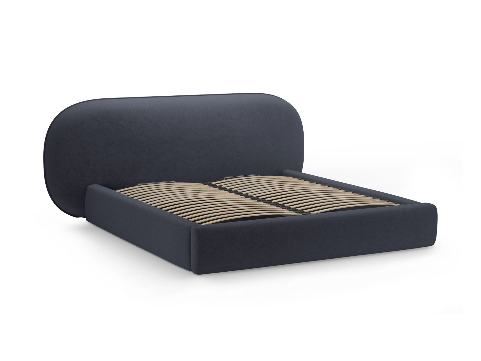 Modernes Ovalo Bett in Dunkelblau mit 140 cm Breite, praktischen Stauraum und geschmackvollem Kopfteil, perfekt für stilvolle Schlafzimmer.