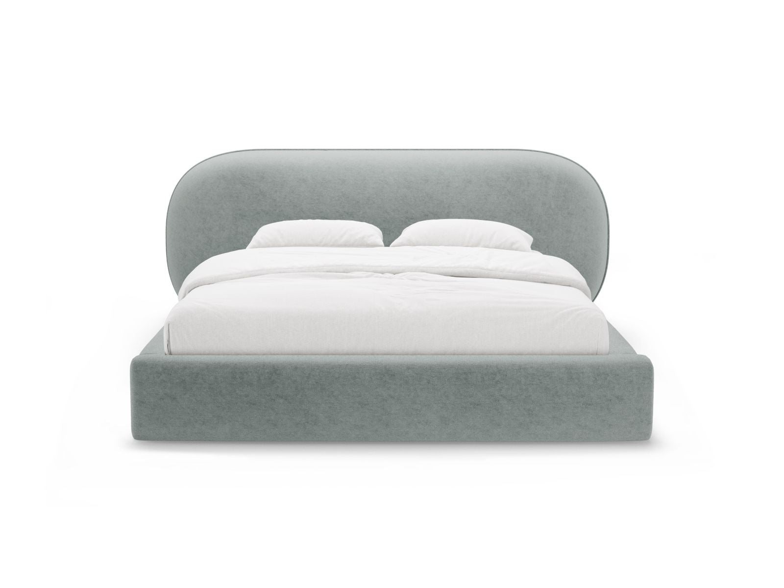 Elegantes Ovalo Bett mit praktischem Stauraum und stilvollem Kopfteil in sanftem Hellblau, ideal für moderne Schlafzimmer.