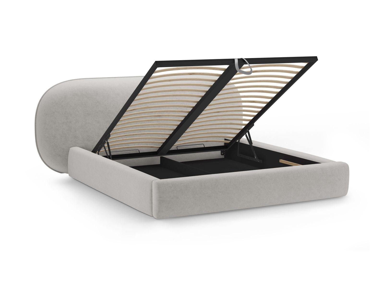 Elegantes Ovalo Bett in Hellgrau mit 140 cm Breite, bietet cleveren Stauraum und ein stilvolles Kopfteil für Ihr Schlafzimmer.