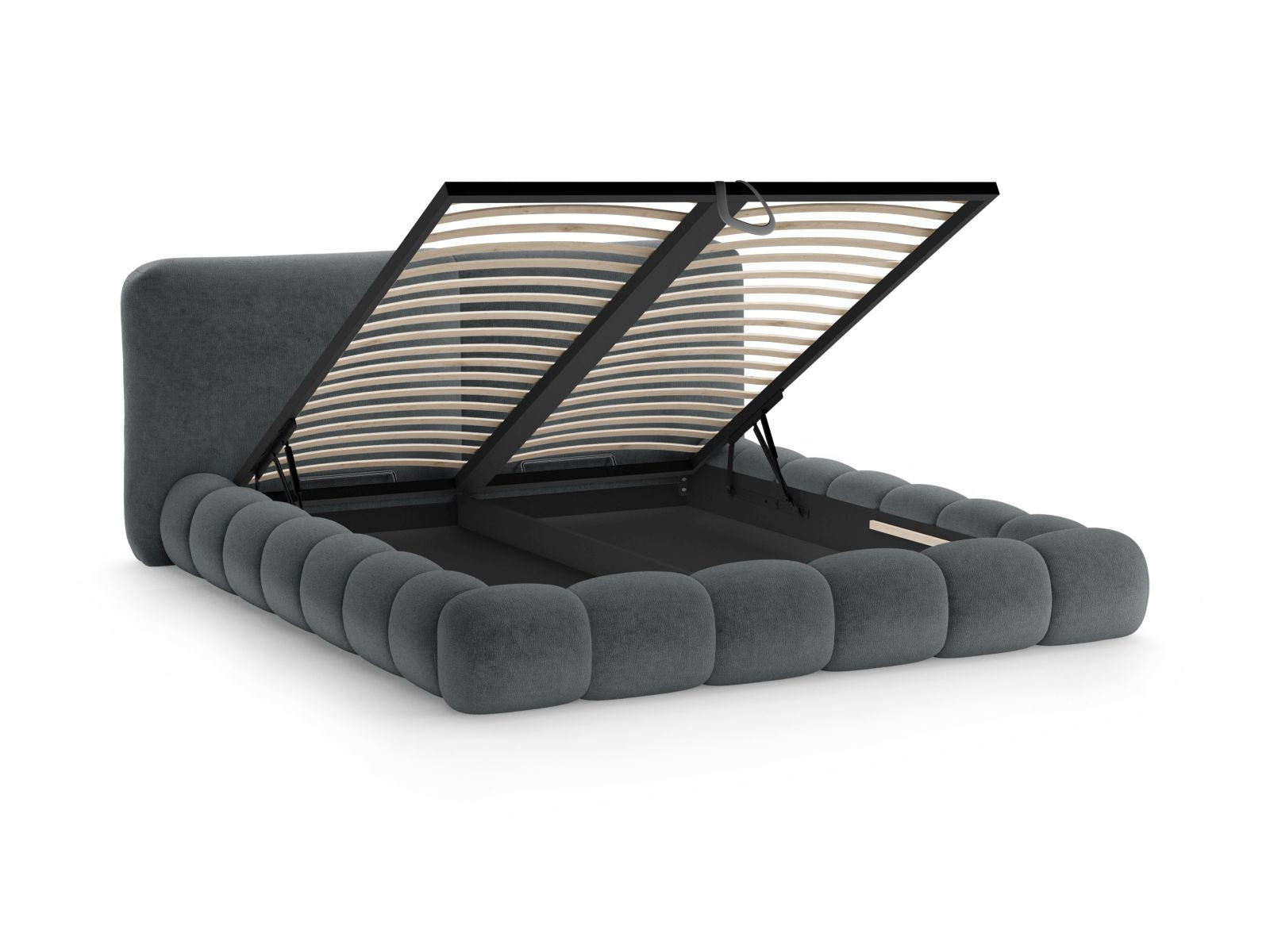 Stylisches Solange Bett in Dunkelgrau, 140 cm breit, mit praktischem Stauraum und einem geschmackvollen Kopfteil für zeitgemäße Schlafzimmergestaltung.