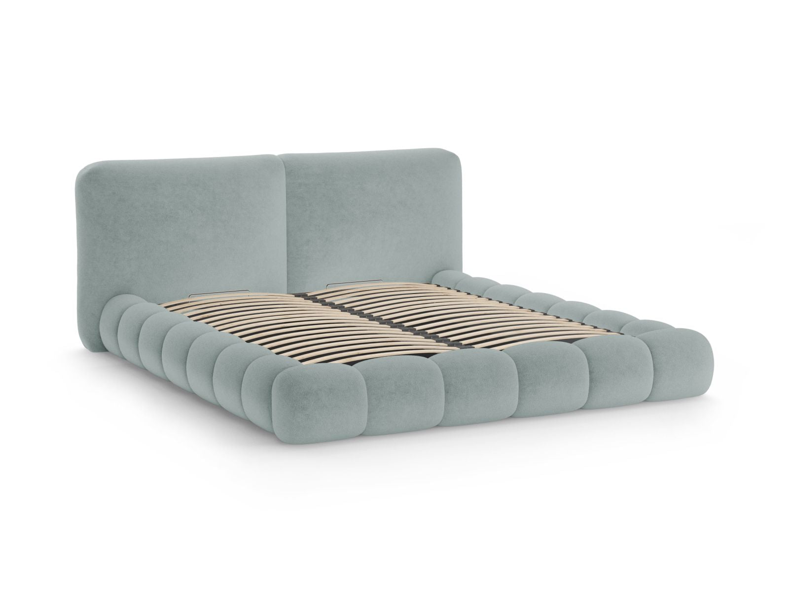Elegantes Solange Bett in zartem Hellblau, 140 cm, ausgestattet mit praktischem Stauraum und einem stilvollen Kopfteil für zeitgemäße Einrichtung.