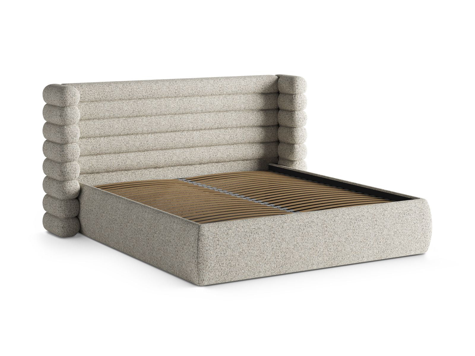 Modernes Mount Bett in 140 cm Breite, bietet cleveren Stauraum und ein elegantes Kopfteil in sanftem Beige Melange.