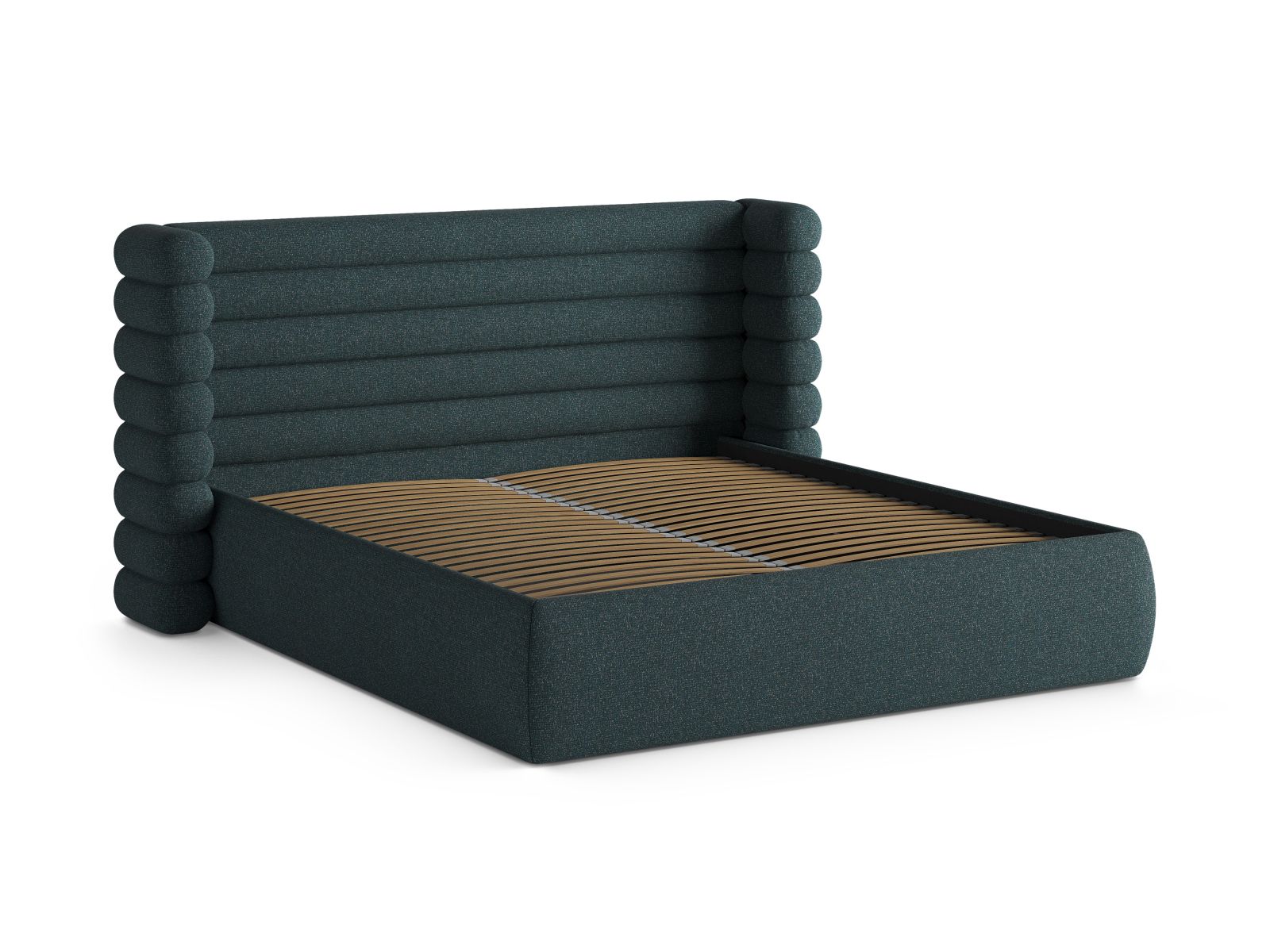 Elegantes Mount Bett in Green Blue Melange, ausgestattet mit praktischem Stauraum und einem ansprechenden Kopfteil für ein modernes Ambiente.