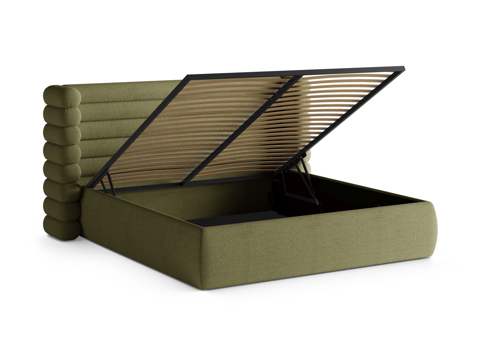Stylisches Mount Bett in Light Olive-CORAL, 140 cm breit, bietet cleveren Stauraum und ein modernes Kopfteil für jedes Schlafzimmer.