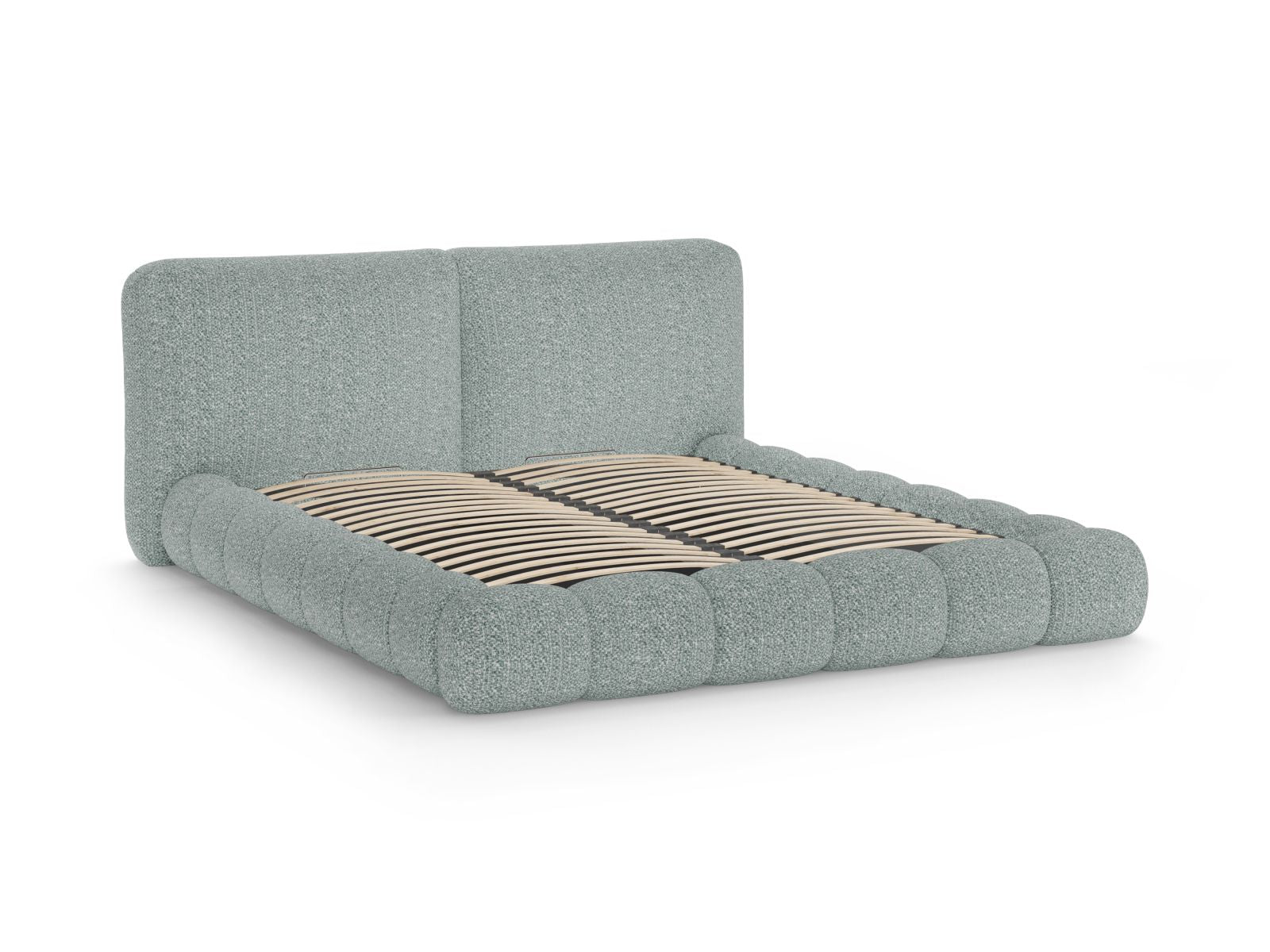 Elegantes Solange Bett in sanftem Blau, 140 cm breit, bietet cleveren Stauraum und ein ansprechendes Kopfteil für moderne Schlafzimmer.