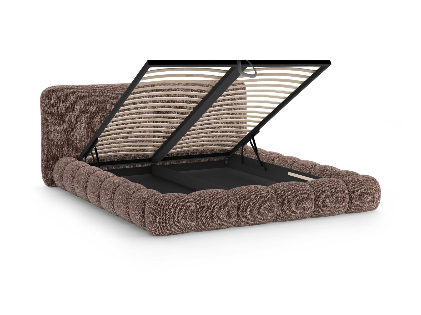 Modernes Solange Bett mit 140 cm Breite, praktischem Stauraum und geschmackvollem Kopfteil in Braun, perfekt für jedes Schlafzimmer.