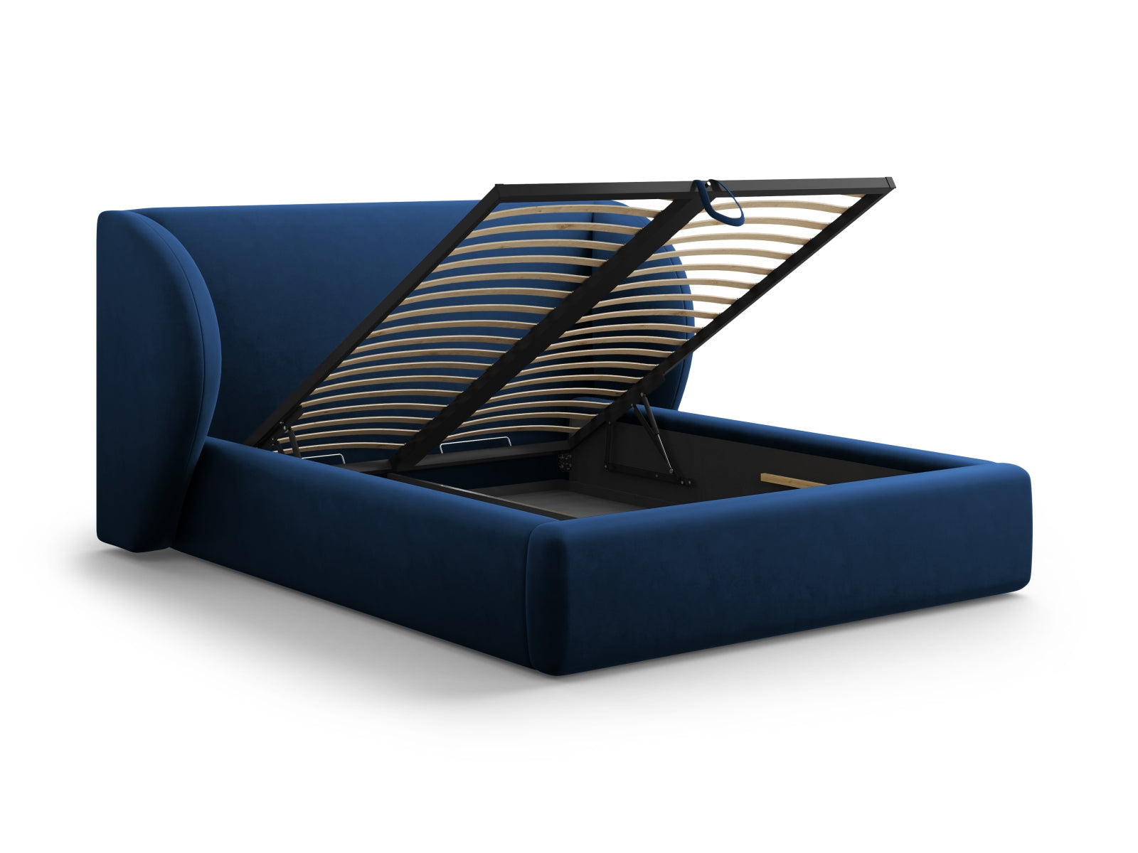 Elegantes Miley Velour Bett in Royal Blue, 140 cm, mit praktischem Stauraum und geschmackvollem Kopfteil für stilvolle Schlafzimmer.