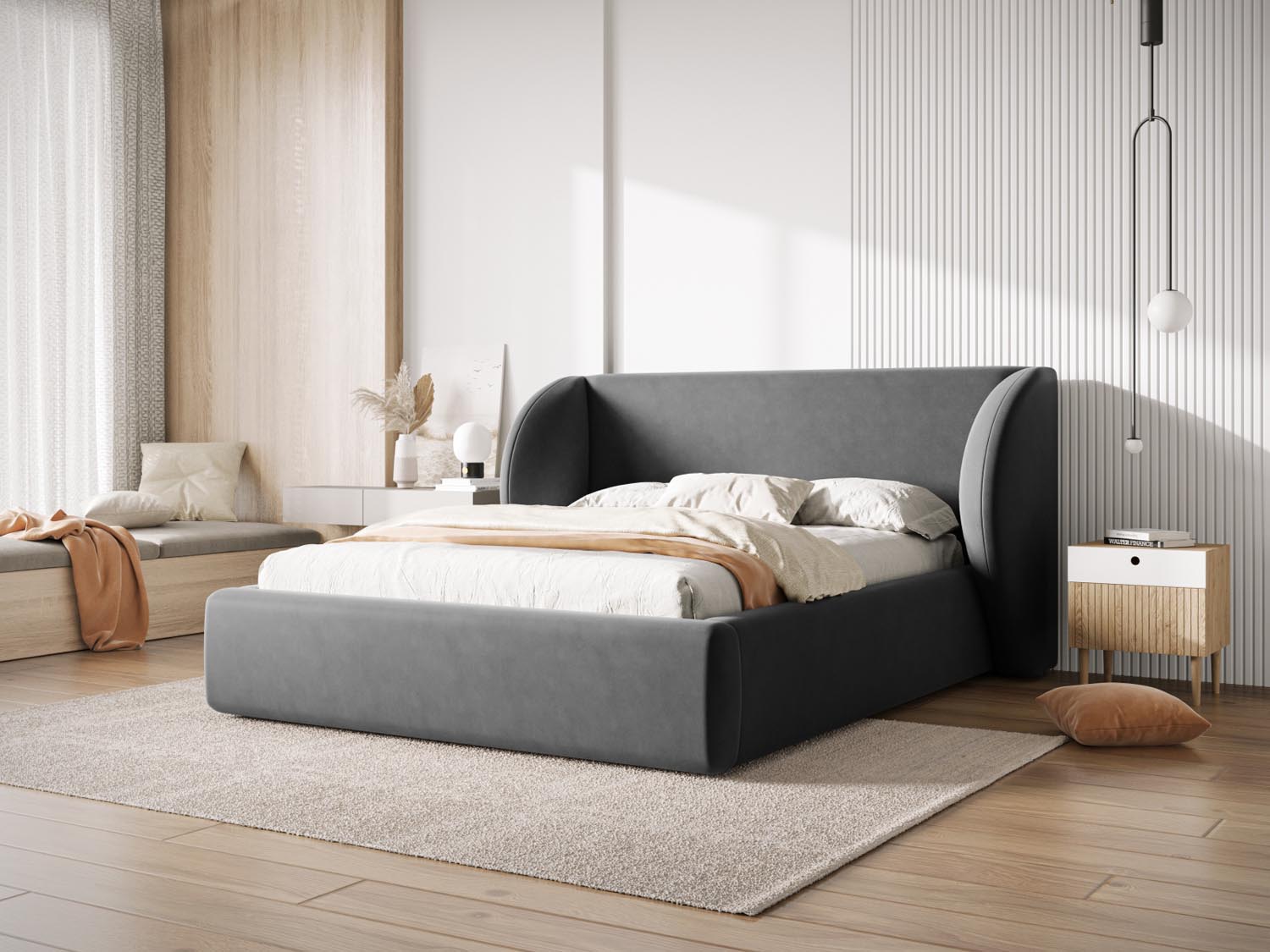 Elegantes Miley Velour Bett in Grau-Blau mit praktischem Stauraum und stilvollem Kopfteil, ideal für moderne Schlafzimmer.