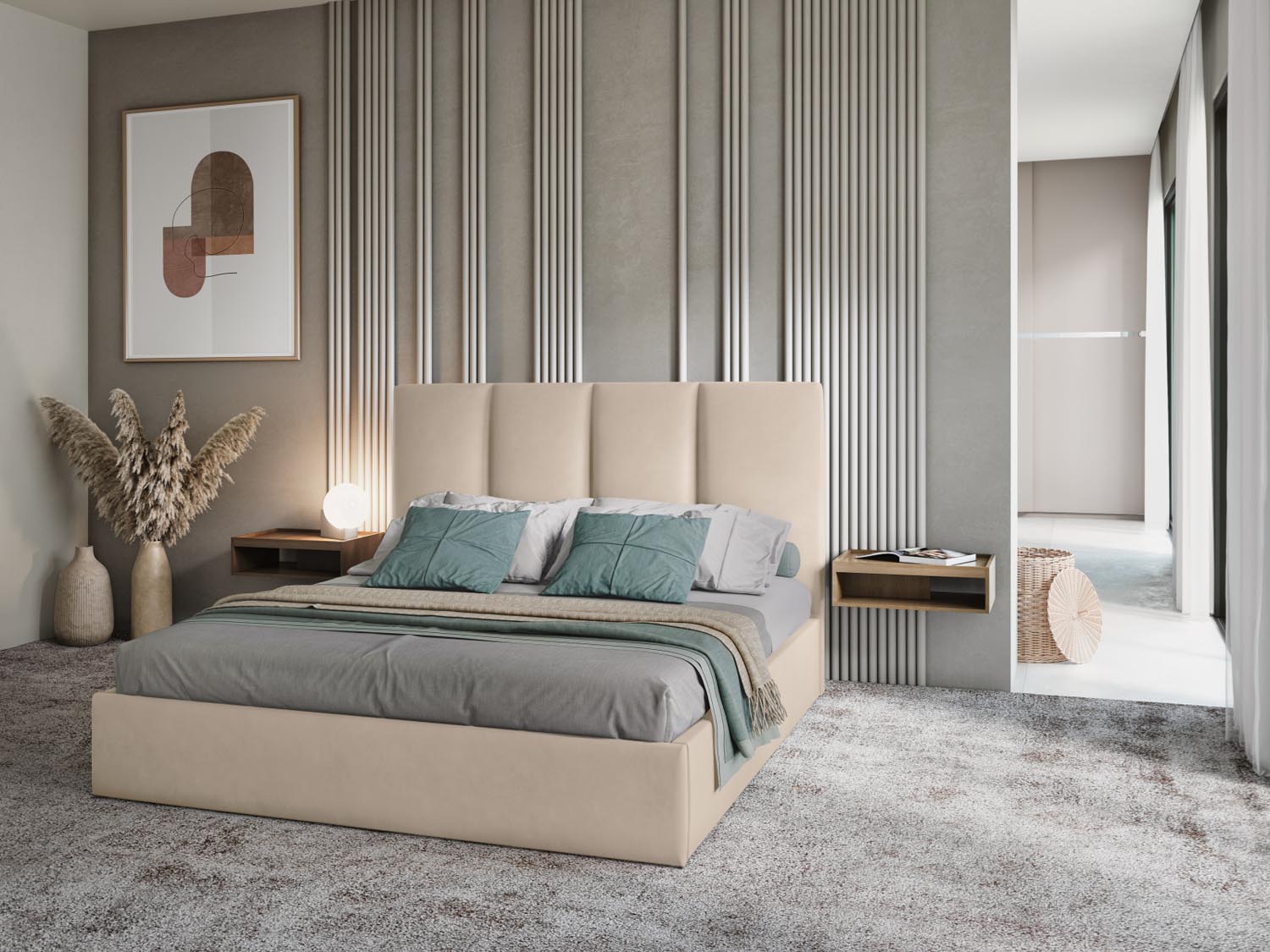 Pyla Velour Bett mit Stauraum und Headboard  in Beige präsentiert im Onlineshop von KAQTU Design AG. Bett ist von Micadoni