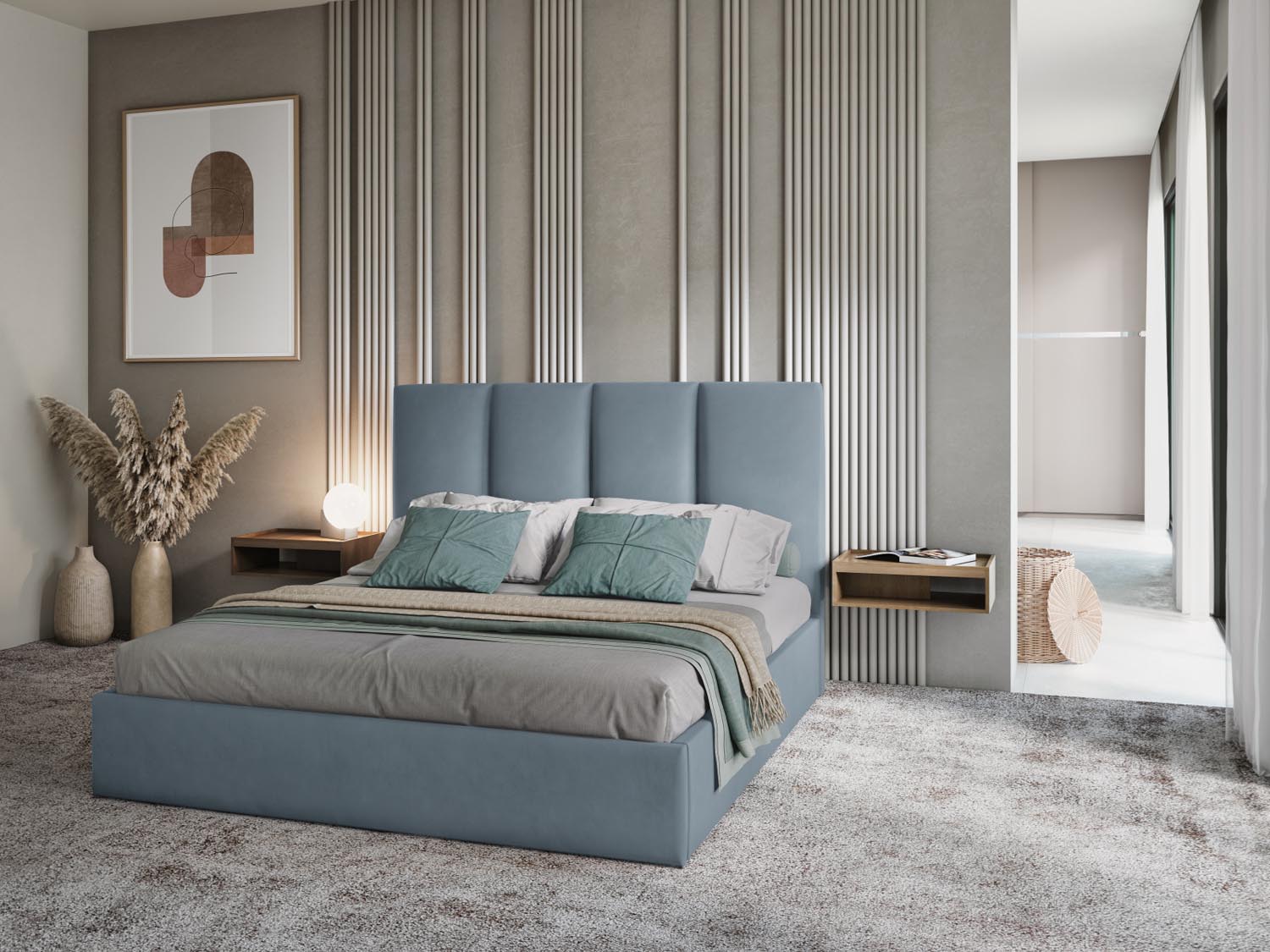 Pyla Velour Bett mit Stauraum und Headboard  in Blue präsentiert im Onlineshop von KAQTU Design AG. Bett ist von Micadoni