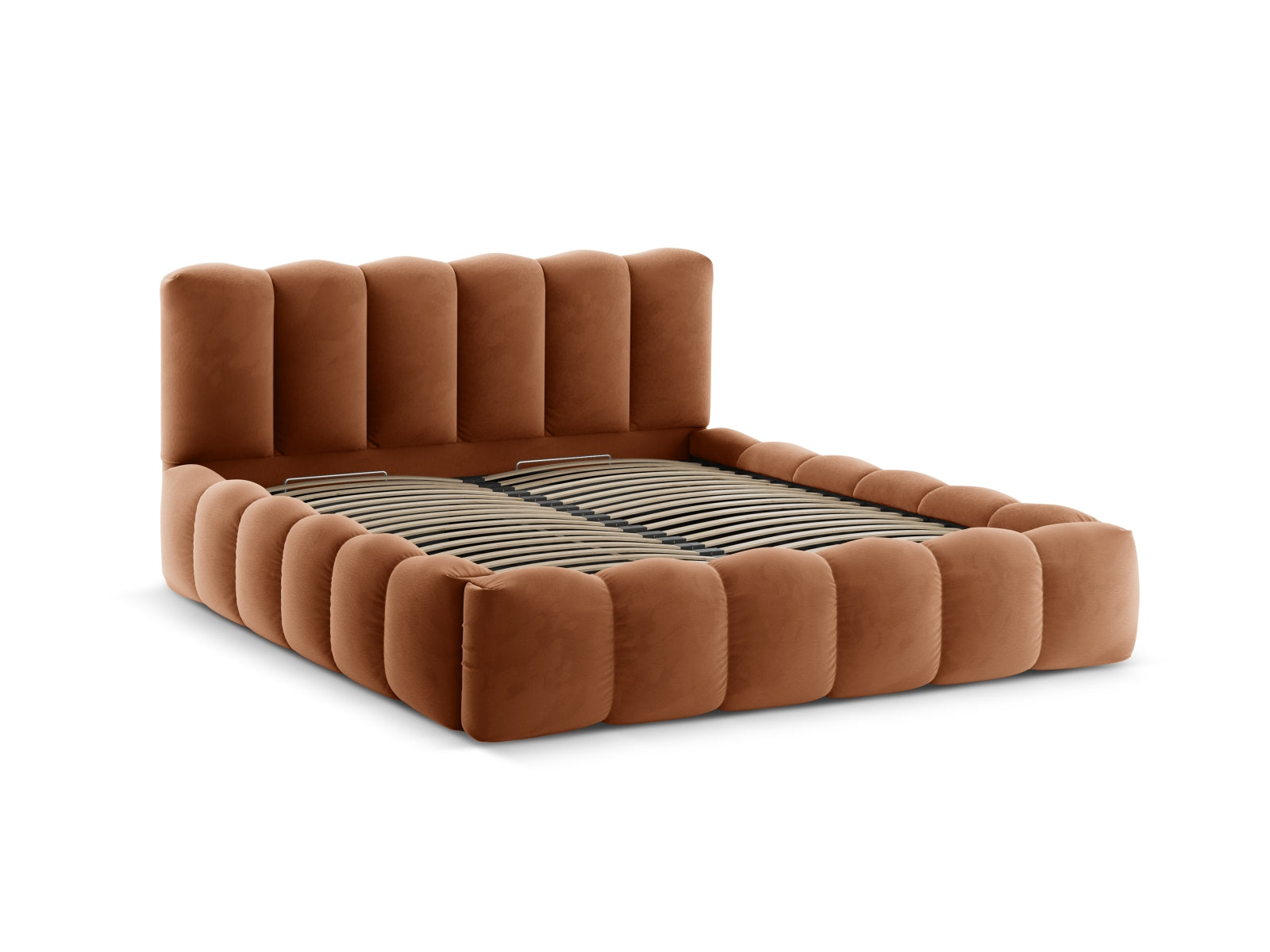 Stilvolles Lupine Velour Bett in Honey-Paris, ausgestattet mit praktischem Stauraum und einem eleganten Kopfteil für zeitgemäße Schlafzimmer.
