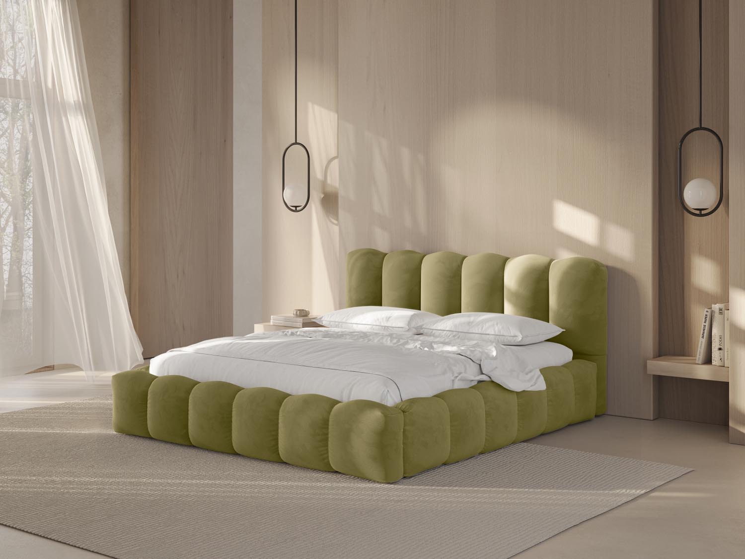 Elegantes Lupine Velour Bett in Mud-Paris mit praktischem Stauraum und stilvollem Headboard, ideal für moderne Schlafzimmer.