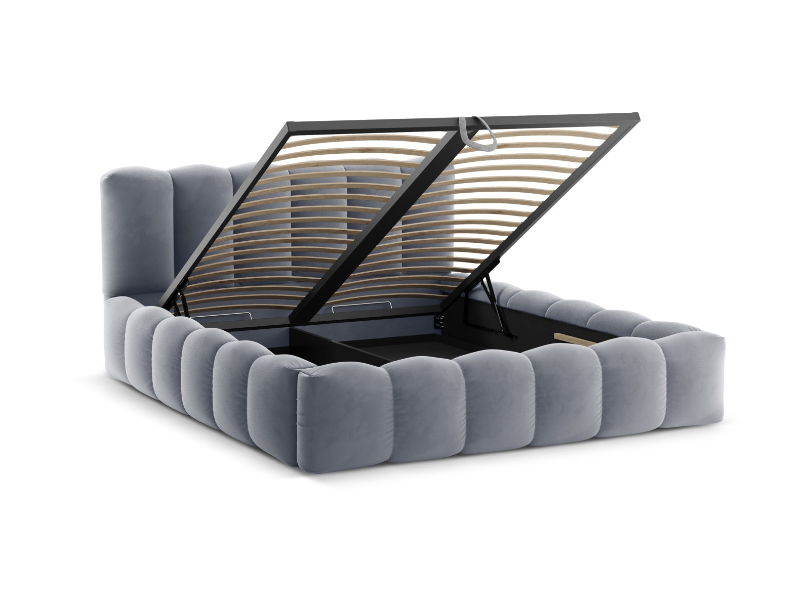 Elegantes Velour Bett in Grau von Lupine, ausgestattet mit praktischem Stauraum und einem modernen Kopfteil für stilvolle Schlafzimmer.