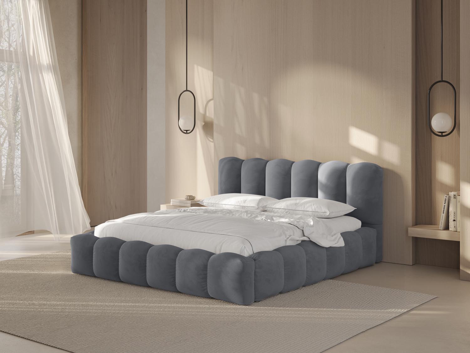 Elegantes Lupine Velour Bett in Grau mit praktischem Stauraum und stilvollem Headboard, ideal für moderne Schlafzimmer.