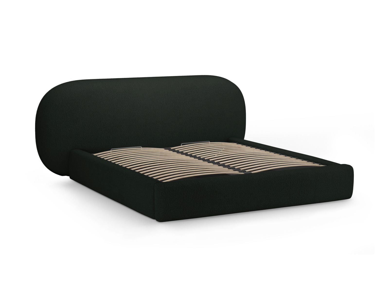 Modernes Ovalo Bett mit 160 cm Breite, bietet cleveren Stauraum und ein ansprechendes Kopfteil für stilvolle Schlafzimmergestaltung.