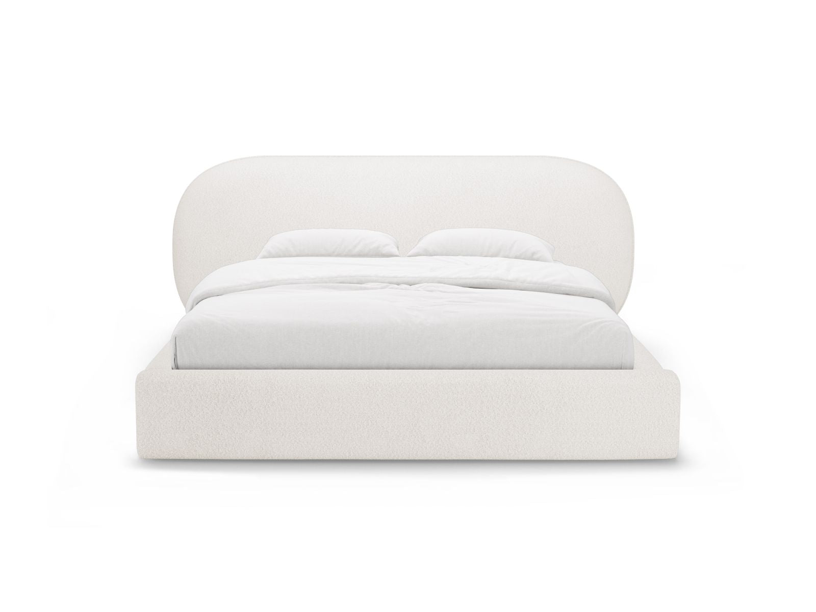 Elegantes Ovalo Bett mit 160 cm Breite, Stauraum und stilvollem Kopfteil in Weiß, ideal für moderne Schlafzimmer.