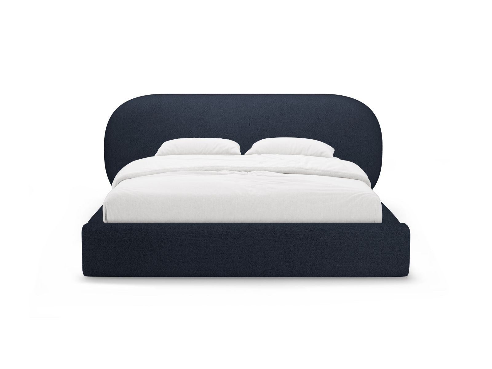 Elegantes Ovalo Bett in Dunkelblau mit praktischem Stauraum und stilvollem Kopfteil, ideal für moderne Schlafzimmer.