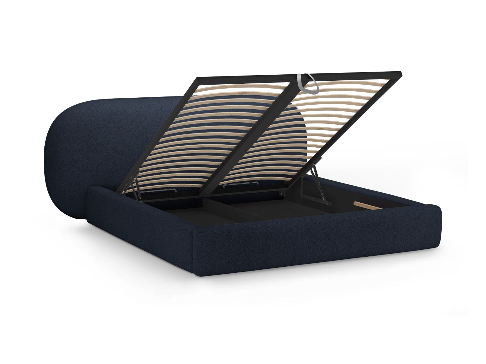 Elegantes Ovalo Bett in dunklem Blau mit praktischem Stauraum und geschmackvollem Kopfteil, ideal für ein modernes Schlafzimmer.