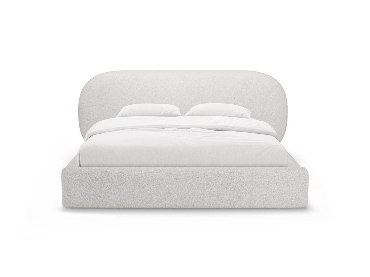 Stauraumbett Ovalo von Micadoni in Light Grey-Magic Velvet mit gepolstertem Kopfteil, Metallrahmen, Bettkasten und schwarzen Kunststoffbeinen.