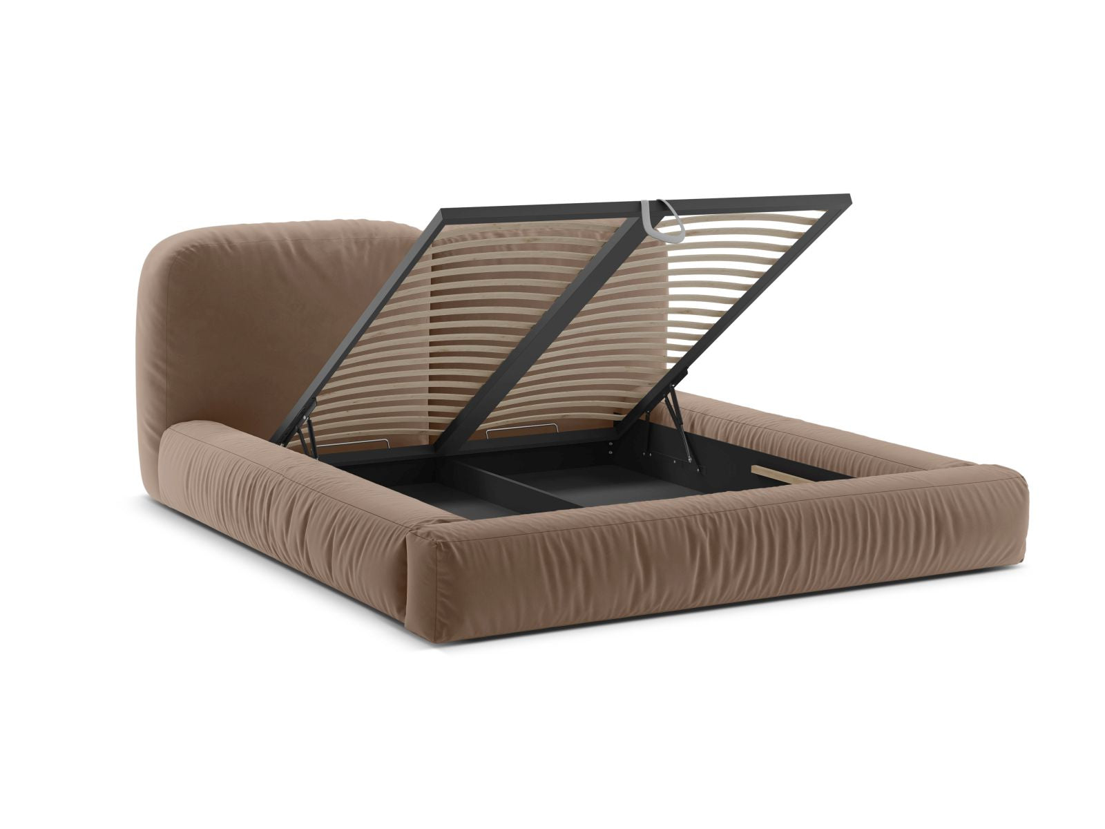Modernes Martina Bett mit 160 cm Breite, ausgestattet mit praktischem Stauraum und einem geschmackvollen Kopfteil in elegantem Dunkelbeige.