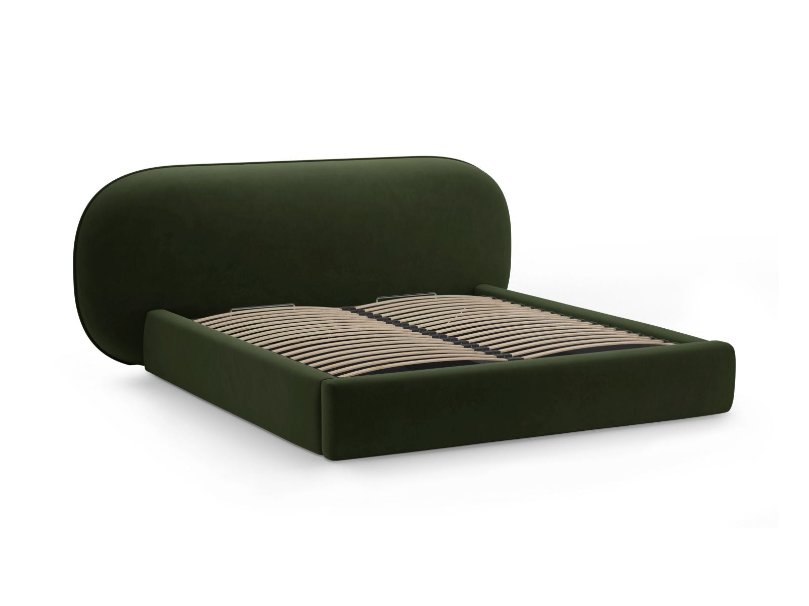 Stilvolles Ovalo Bett in Army Green-Magic Velvet, ausgestattet mit praktischem Stauraum und einem eleganten Kopfteil für zeitgemäße Schlafzimmer.