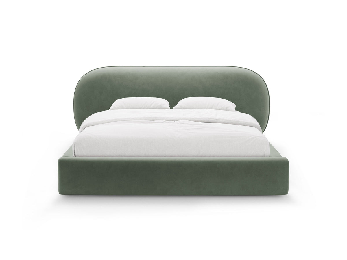Stauraumbett Ovalo von Micadoni in Light Grey-Magic Velvet mit gepolstertem Kopfteil, Metallrahmen, Bettkasten und schwarzen Kunststoffbeinen.