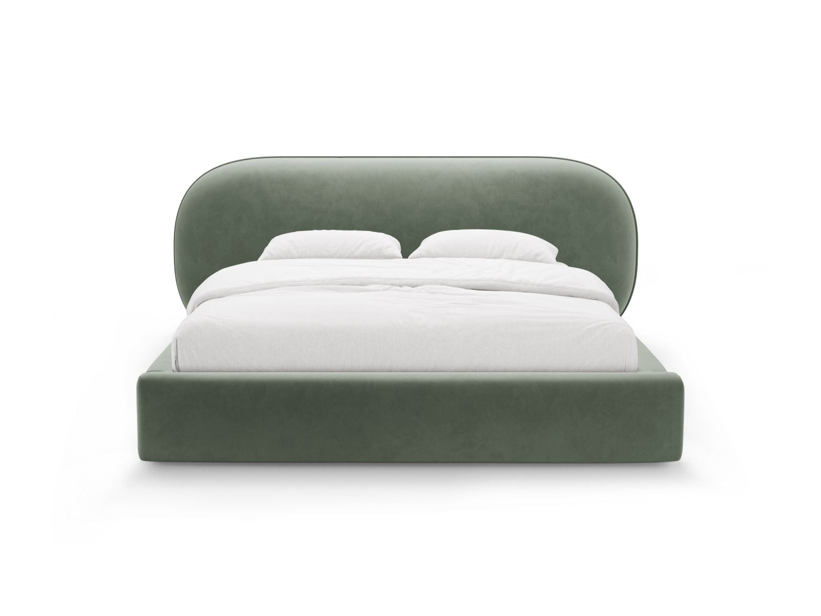 Elegantes Ovalo Bett mit 160 cm Breite, ausgestattet mit praktischem Stauraum und stilvollem Kopfteil in Green-Magic Velvet.