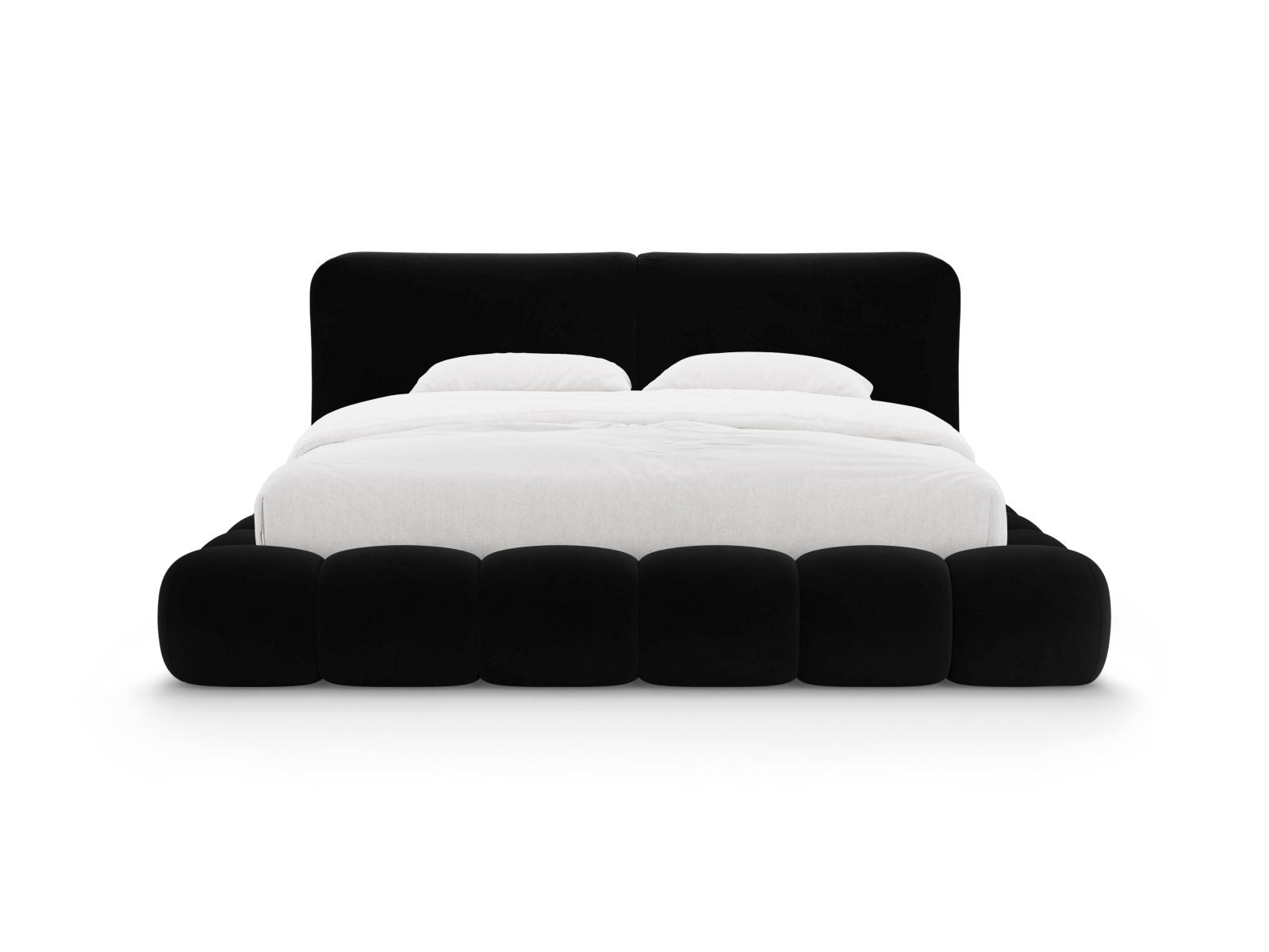 Elegantes Solange Bett mit 160 cm Breite, ausgestattet mit praktischem Stauraum und stilvollem Kopfteil in Black-Magic Velvet.