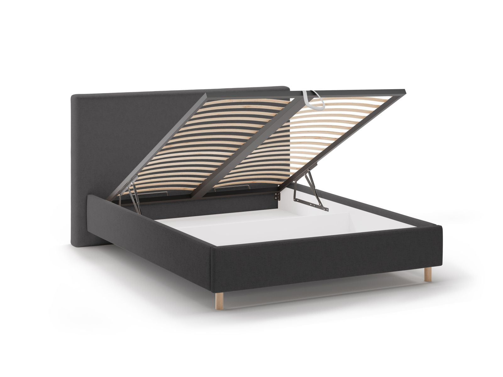 Stylisches Eloise Bett in dunklem Grau mit praktischem Stauraum und modernem Kopfteil, ideal für ein elegantes Schlafzimmer.