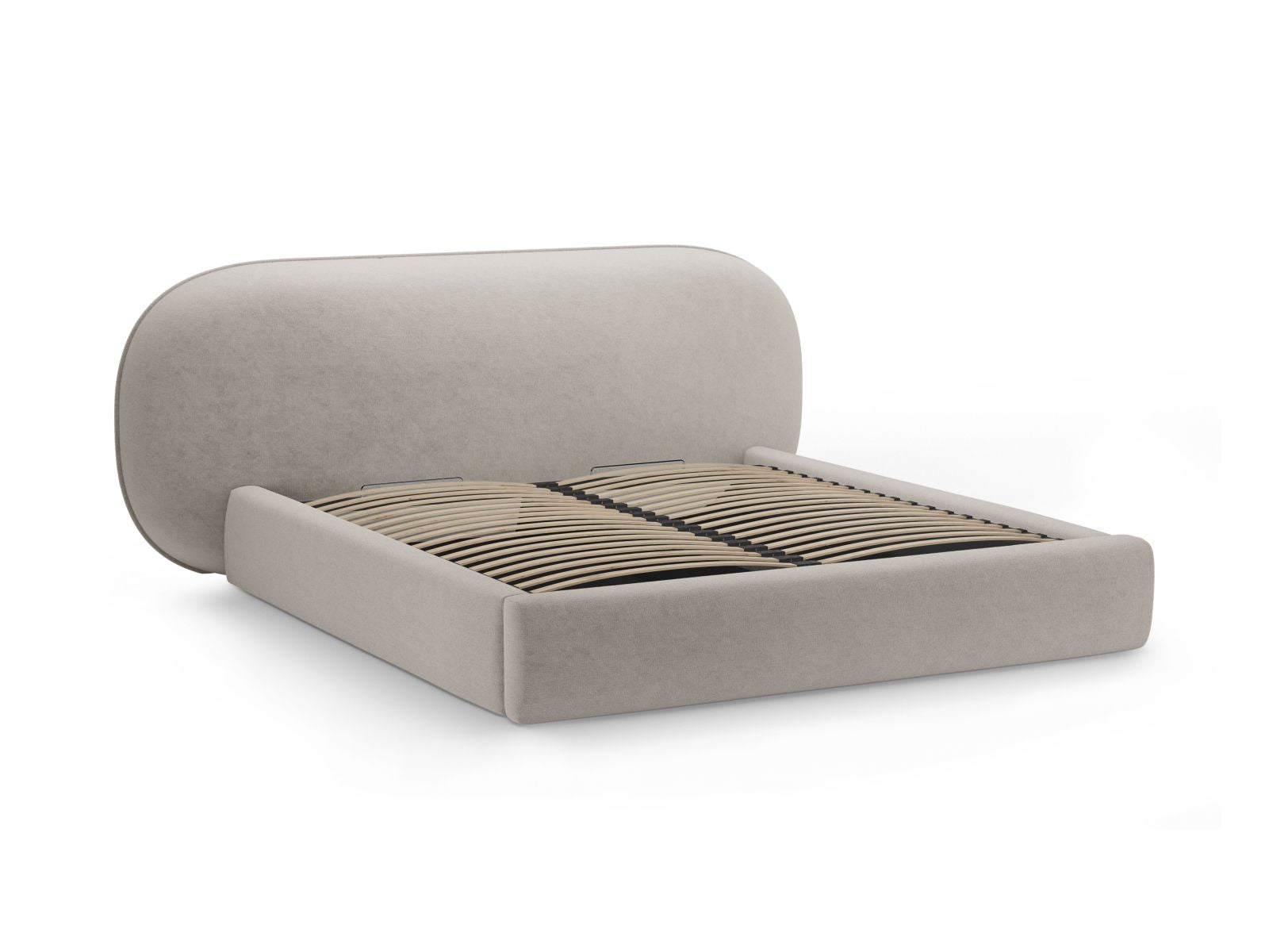 Modernes Ovalo Bett in 160 cm Breite, bietet cleveren Stauraum und ein ansprechendes Kopfteil in sanftem Beige, perfekt für stilvolle Schlafzimmer.