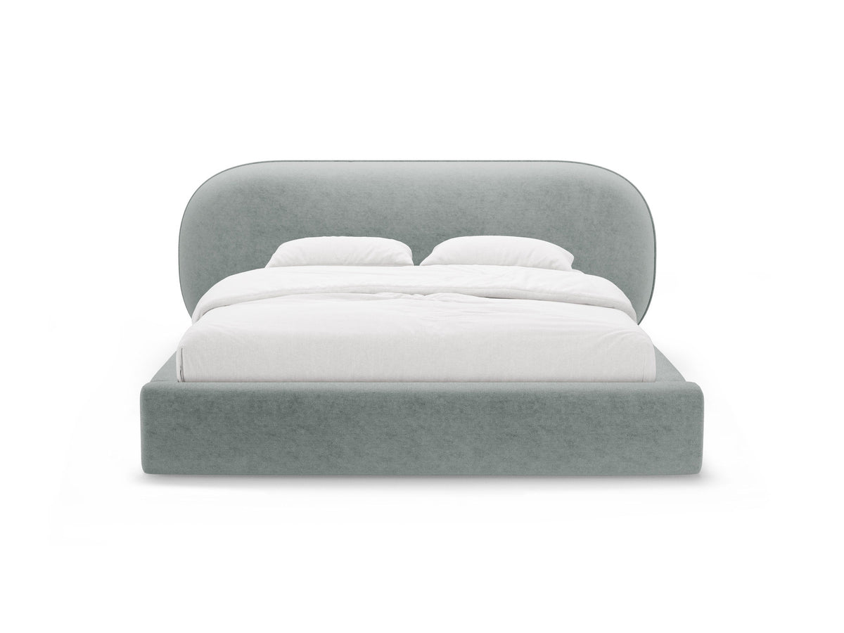 Stauraumbett Ovalo von Micadoni in Light Grey-Magic Velvet mit gepolstertem Kopfteil, Metallrahmen, Bettkasten und schwarzen Kunststoffbeinen.