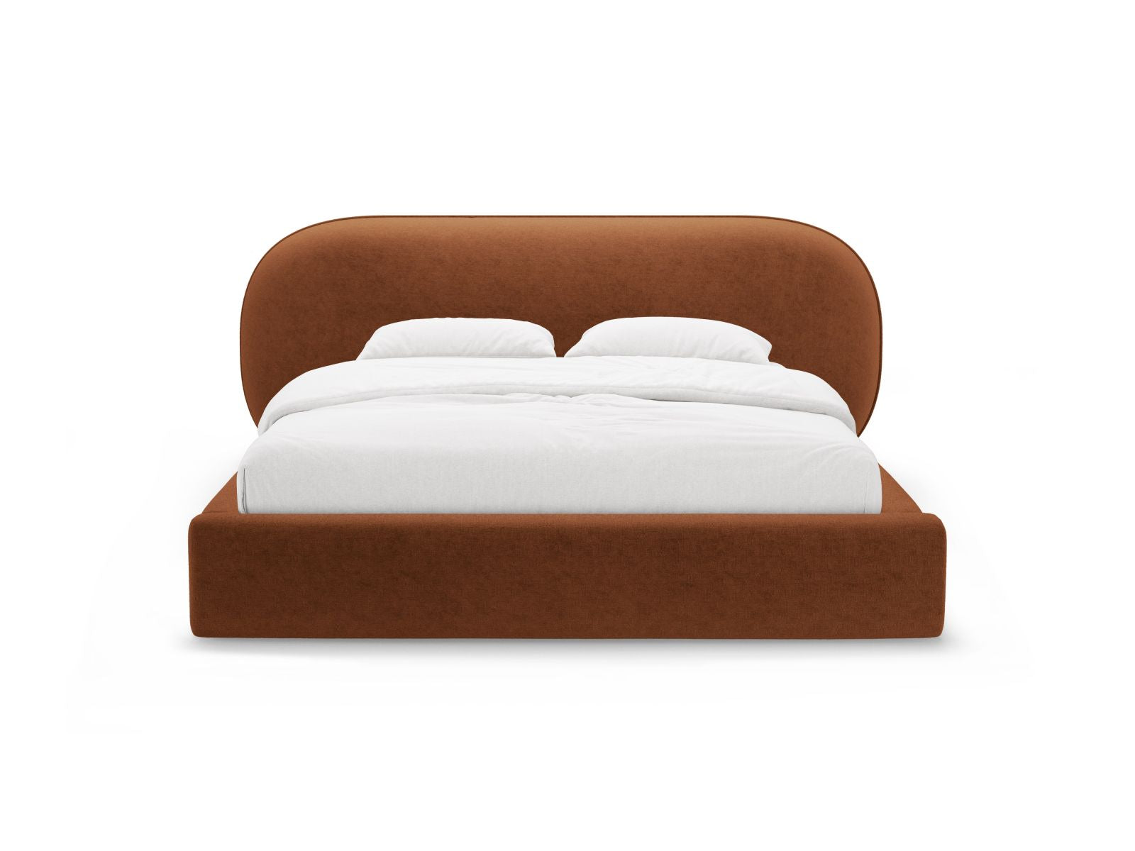 Elegantes Ovalo Bett in Terracotta mit praktischem Stauraum und stilvollem Kopfteil, ideal für moderne Schlafzimmer. Von Micadoni.