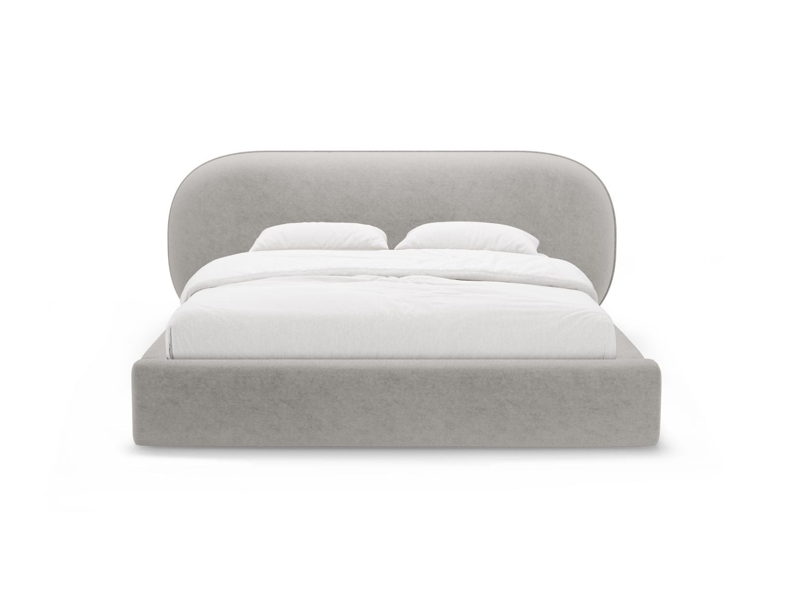 Elegantes Ovalo Bett in Light Grey mit praktischem Stauraum und stilvollem Kopfteil, ideal für moderne Schlafzimmer.