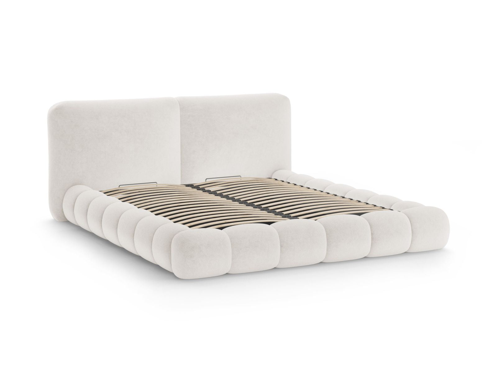 Elegantes Solange Bett in zartem Beige, ideal für moderne Schlafzimmer, bietet cleveren Stauraum und ein geschmackvolles Kopfteil.